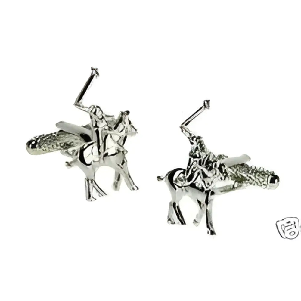 Silver horse mounted polo cufflinks featuring a detailed player equestrian design with horse and rider motif