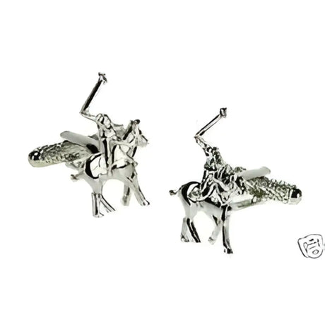 Silver horse mounted polo cufflinks featuring a detailed player equestrian design with horse and rider motif