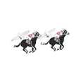 Silver horse racing equestrian cufflinks with black horses and jockeys in red and white silks for race day style