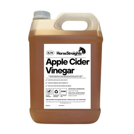 A 2-liter jug of horse straights direct apple cider vinegar with a white label black text and horse logo