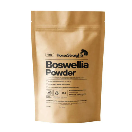 A tan resealable pouch of horse straights direct straight boswellia powder for natural horse joint support