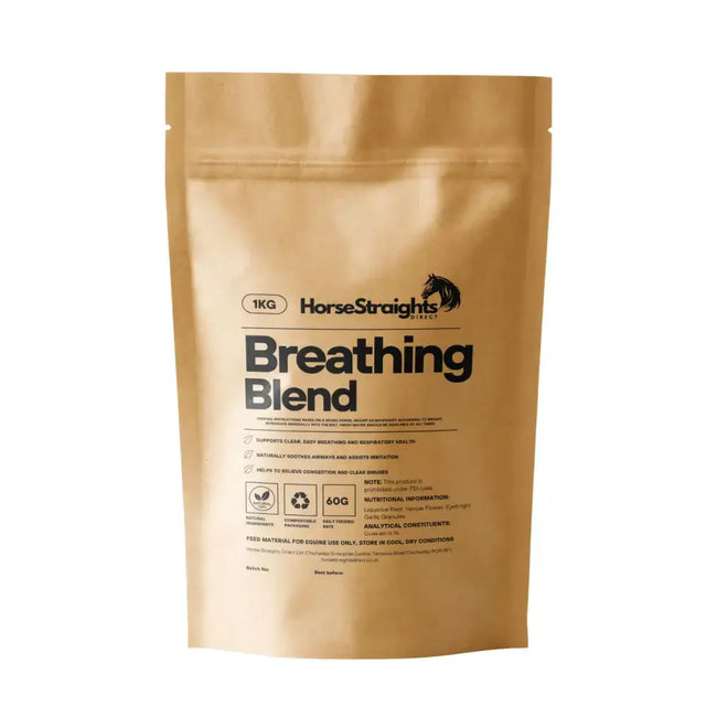 A tan resealable pouch of horse straights direct breathing blend horse feed supplement for respiratory support