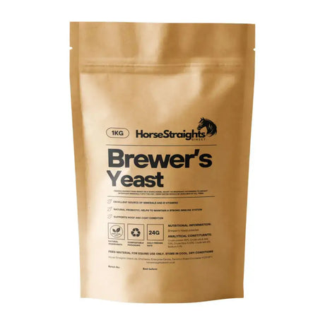 A tan resealable 1kg pouch of horse straights direct brewer’s yeast with black text and a horse logo