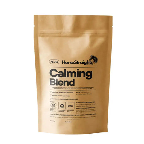 Gold-colored resealable pouch of horse straights direct calming blend for horses to help with straits direct calm