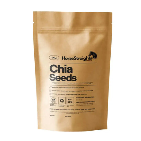 A 1kg brown resealable pouch of horse straights direct chia seeds with black text and a horse logo on front