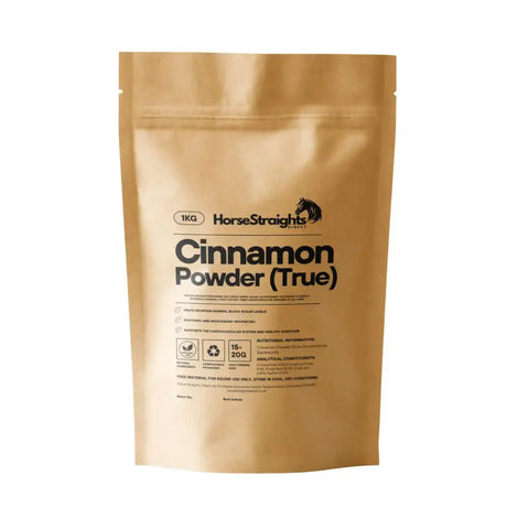 A 1kg matte gold resealable pouch of horse straights direct true cinnamon powder with black text and logo