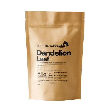 A 1kg gold-colored resealable pouch of horse straights direct dandelion leaf chopped supplement for horses