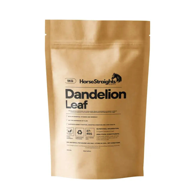 A 1kg gold-colored resealable pouch of horse straights direct dandelion leaf chopped supplement for horses