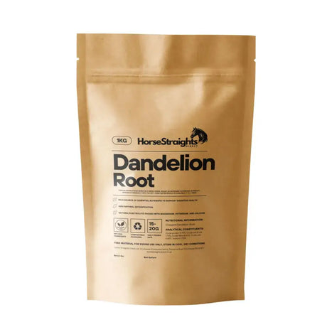 A gold-colored resealable pouch of horse straights direct straight dandelion root supplement for natural detox