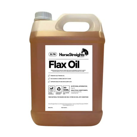 A 2-liter beige plastic jug of horse straights direct straight flax oil with gray cap and handle for horses