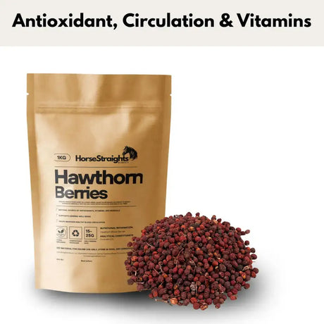 A 1kg matte gold pouch of horse straights direct hawthorn whole berries next to a pile of deep red dried berries