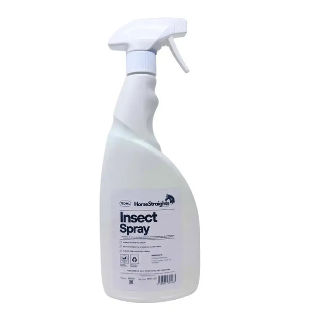 White plastic spray bottle of horse straights direct insect spray with white trigger nozzle and product info label