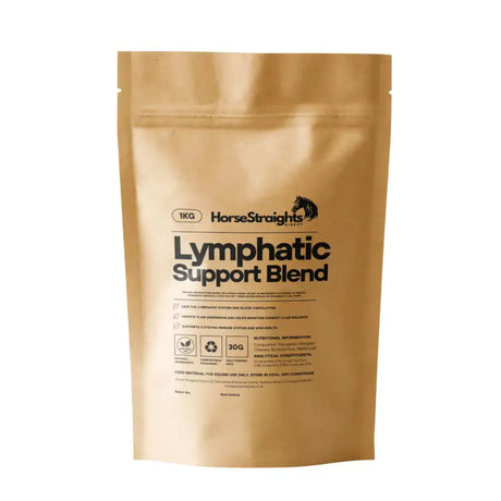 A gold-colored resealable pouch of horse straights direct lymphatic support blend for easy lymphatic support