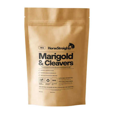 A gold resealable pouch of horse straights direct marigold direct and cleavers mix horse feed supplement