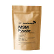 A gold-colored resealable pouch of horse straights direct msm powder for joint support and horse care