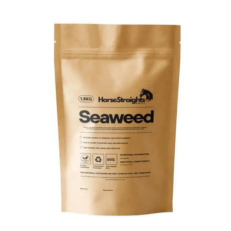 A 1.5kg brown resealable pouch of horse straights direct seaweed feed with a black horse logo and nutrition info on front