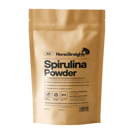A 1kg brown resealable pouch of horse straights direct spirulina powder with black horse logo and nutrition facts