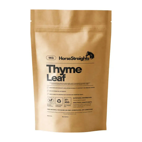 A 1kg brown resealable pouch of horse straights direct thyme leaf chopped horse feed supplement with black text and logo