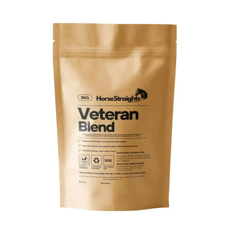 A gold-colored resealable pouch of horse straights direct veteran blend horse feed for senior horses