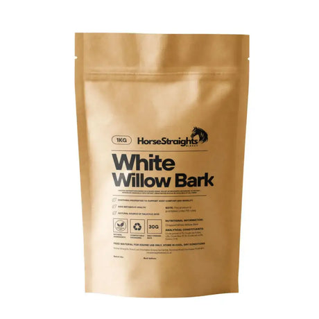 Gold-colored resealable pouch of horse straights direct white willow bark supplement 1kg for natural horse care