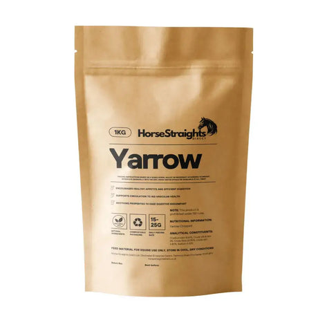 A tan resealable pouch of horse straights direct yarrow straights direct feed supplement for horses
