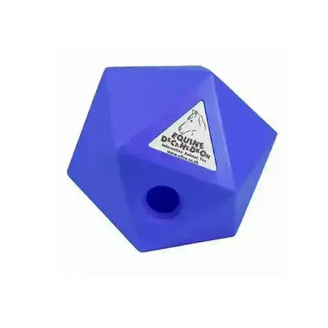 Blue plastic decahedron small horse toy with central hole and white label for horse treat equine use
