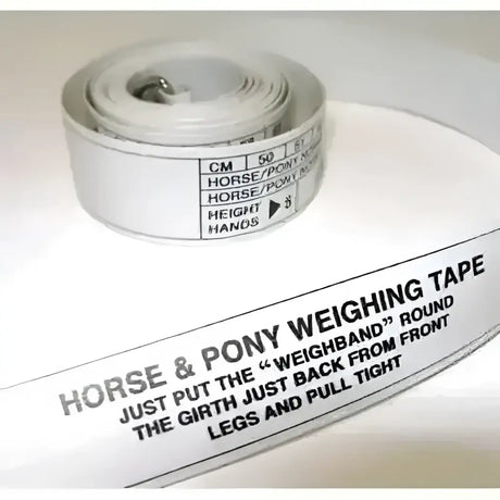 White roll of horse weigh tape with black measurements and easy measure instructions for horse and pony sizing