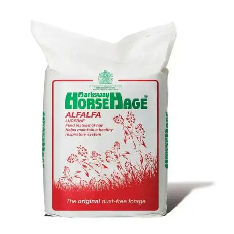 White bag of horsehage alfalfa lucerne haylage with red and green branding for high quality forage feed