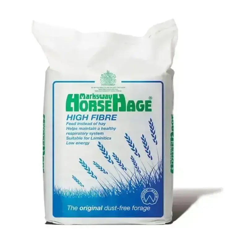 White and blue resealable bag of marksway horsehage blue high fibre ryegrass haylage for equine feeding