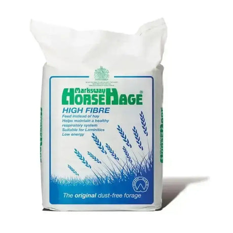 White and blue resealable bag of marksway horsehage blue high fibre ryegrass haylage for equine feeding