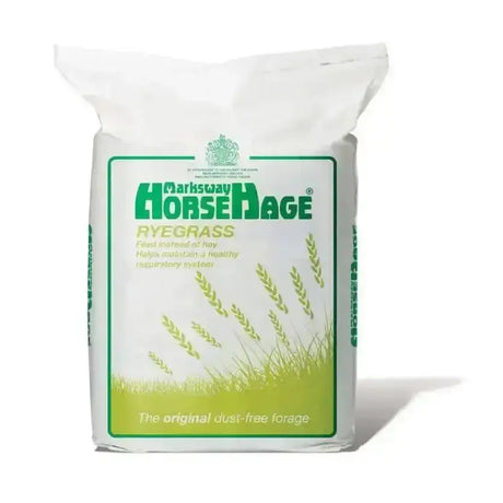 White plastic bag of marks way horsehage green rye grass haylage feed with green and yellow ryegrass horsehage labeling