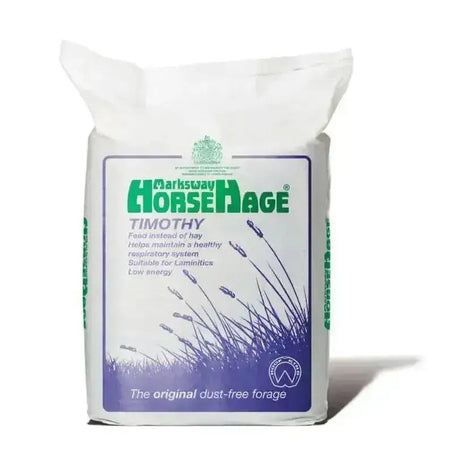 White bag of marksway horsehage timothy hay with green and purple branding and grass illustration for high fibre horsehage