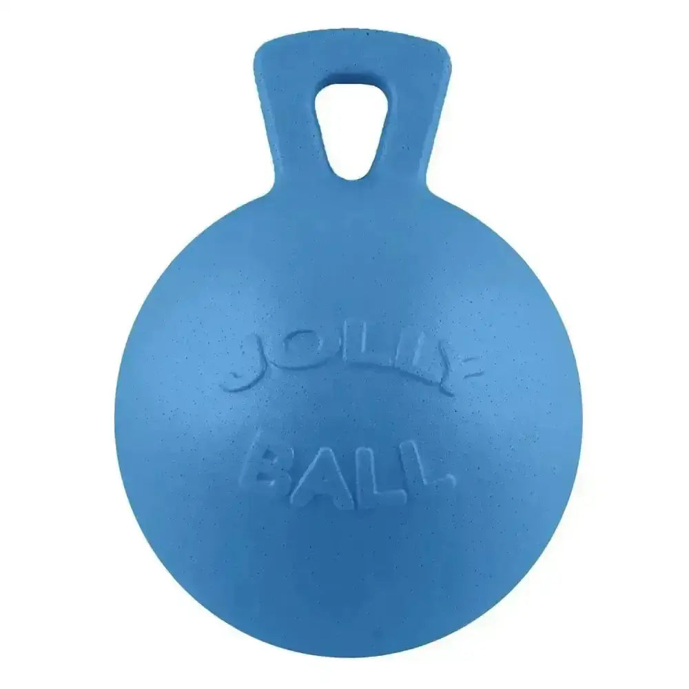 Blue horseman’s pride scented jolly ball dog toy with soft rubber body and top handle for easy play and chewing