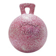A speckled pink and white scented jolly ball with handle and embossed logo from horsemans pride unique collection