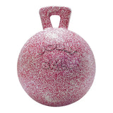 A speckled pink and white scented jolly ball with handle and embossed logo from horsemans pride unique collection