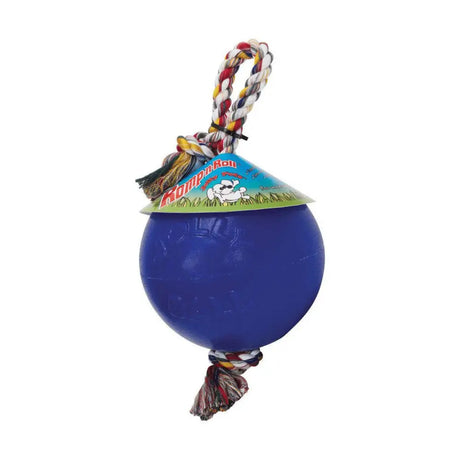Blue kong roll dog toy with braided rope handle and tassel from horsemen’s pride jolly ball romp-n-roll collection