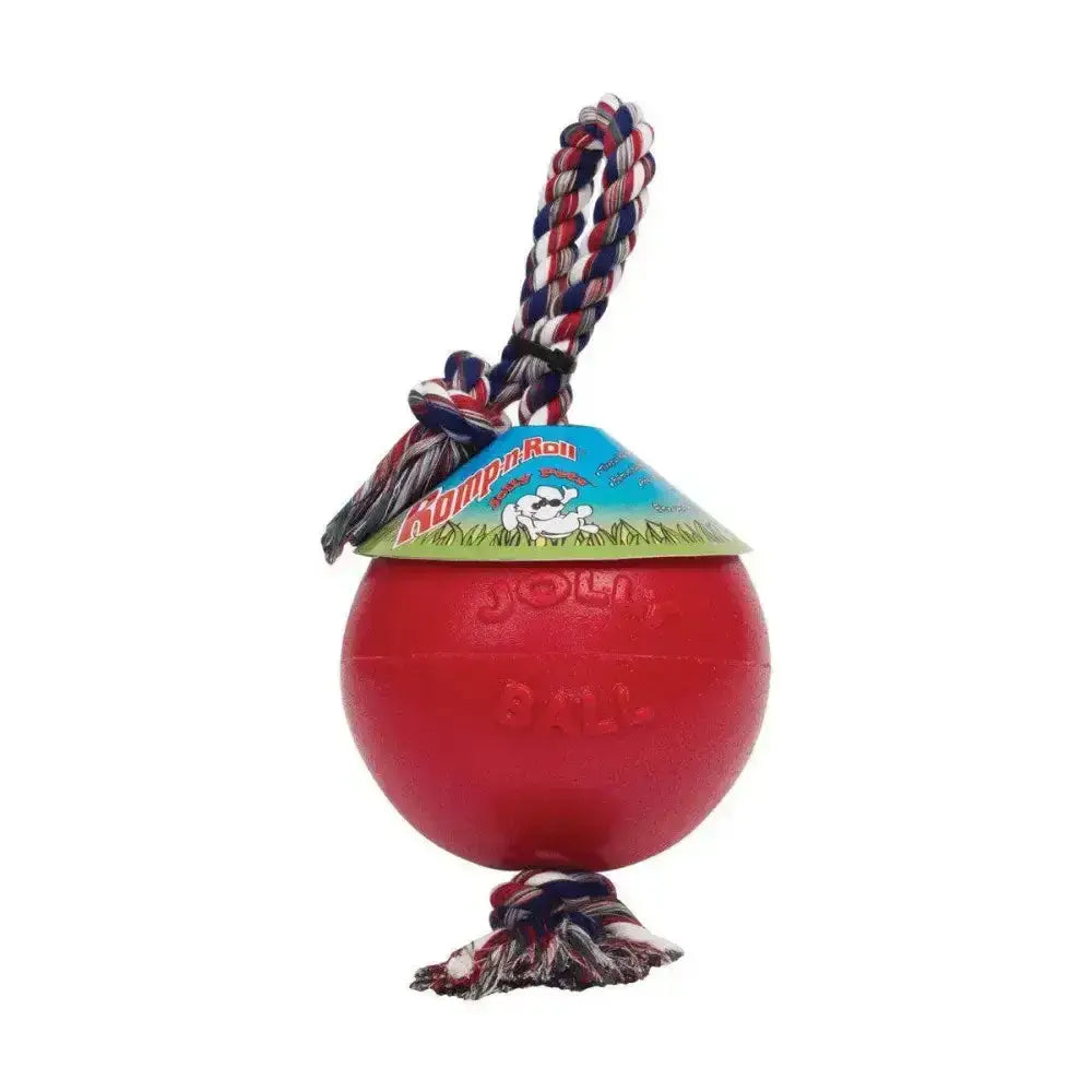 Red rubber pride jolly ball with braided red white and blue rope handle for dog play from horsemen’s pride romp-n-roll
