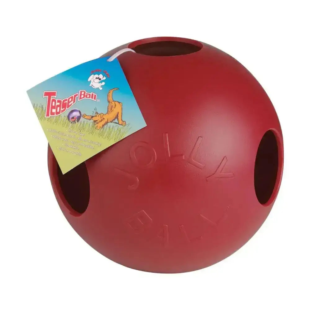 Red plastic horsemen’s pride jolly ball teaser with multiple holes and embossed text for horse playtime fun