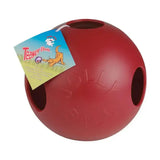 Red plastic horsemen’s pride jolly ball teaser with multiple holes and embossed text for horse playtime fun