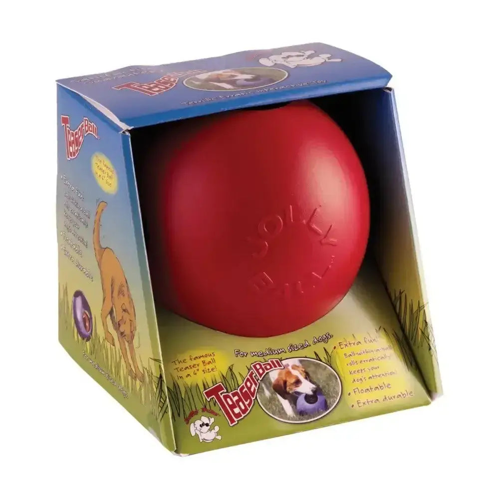 Red rubber pride jolly ball teaser toy for dogs in blue and green packaging by horsemen’s pride jolly