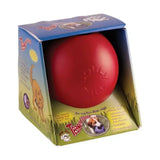 Red rubber pride jolly ball teaser toy for dogs in blue and green packaging by horsemen’s pride jolly