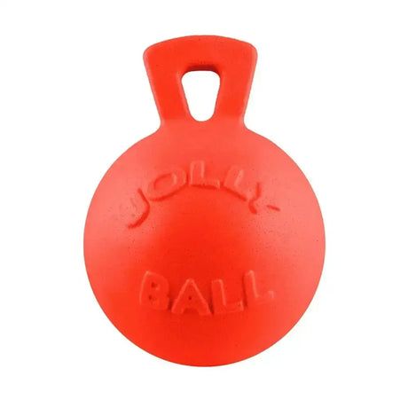 Bright orange round pride jolly ball dog toy with handle and embossed jolly ball vanilla for active play