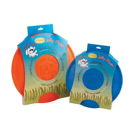 Orange and blue horsemen’s pride jolly flyer dog frisbees in retail packaging for fun outdoor play