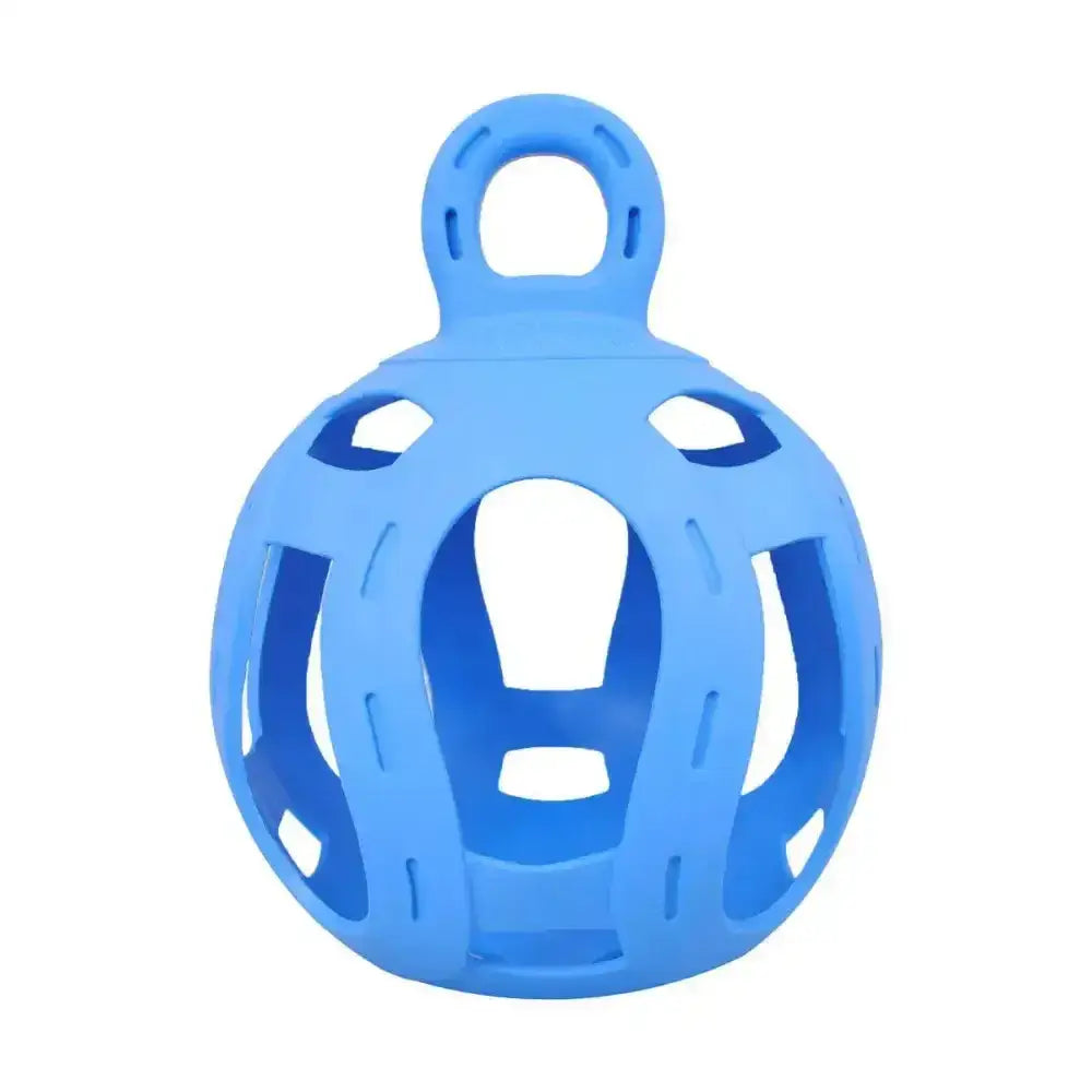 Blue silicone horsemen’s pride jolly hay ball with rounded perforations and a looped handle for easy play