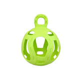 Bright lime green silicone horsemen’s pride jolly hay ball with handle and cut-out openings for cats to play with