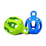 Bright green and blue silicone horsemen’s pride jolly hay ball cat toys with lattice design and handle attachments