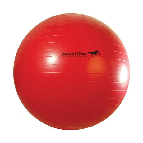 Red heavy duty inflatable jolly mega ball with textured surface and black horsemen’s pride logo and horse silhouette