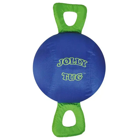 Blue and green plush dog toy with jolly tug embroidered on the blue body from horsemen’s pride jolly tug collection