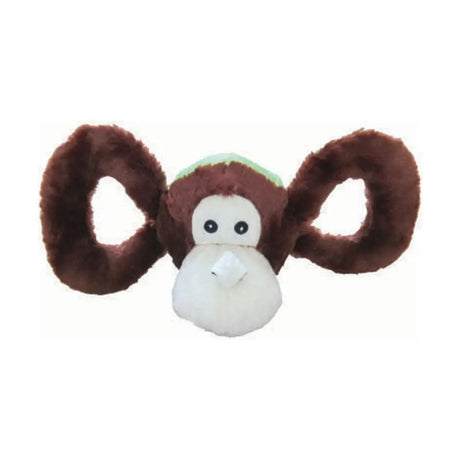 Plush monkey toy with brown fur white face black eyes and green headband from horsemen’s pride jolly tug-a-mals collection
