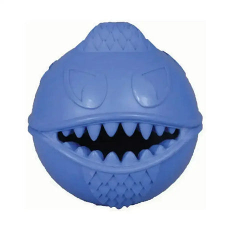 Blue rubber pac-man fish toy with textured scales and sharp teeth from horsemen’s pride monster ball collection